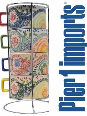 PIER 1 IMPORTS Multicolor Paisley Stacking Mug Set In Rack MW DW Safe
